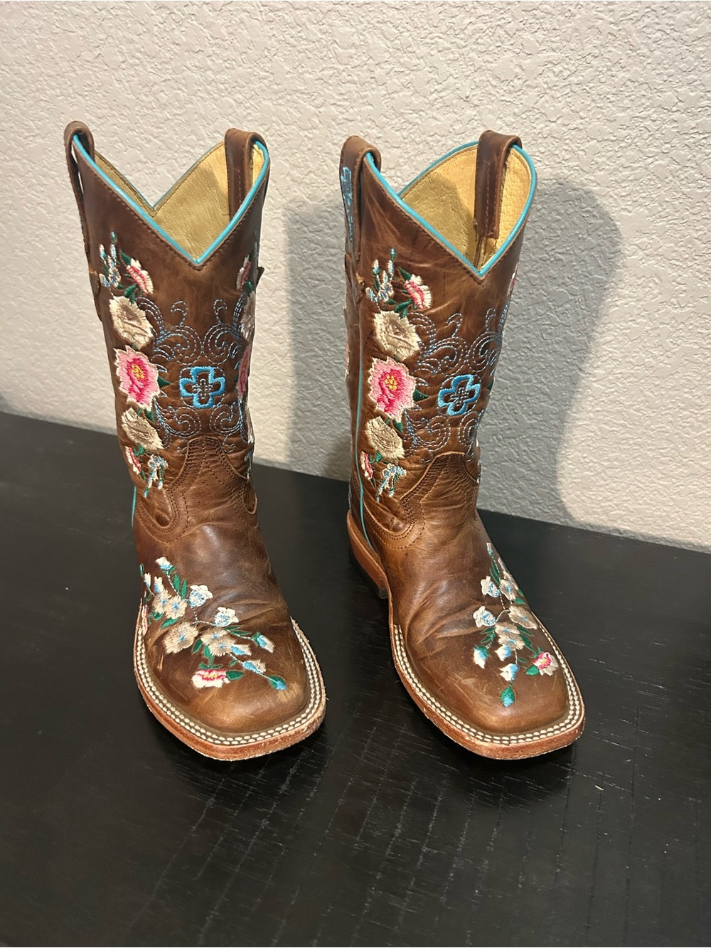 Macie Bean Brown Leather Western Embroidered Ankle Boots with Turquoise Trim